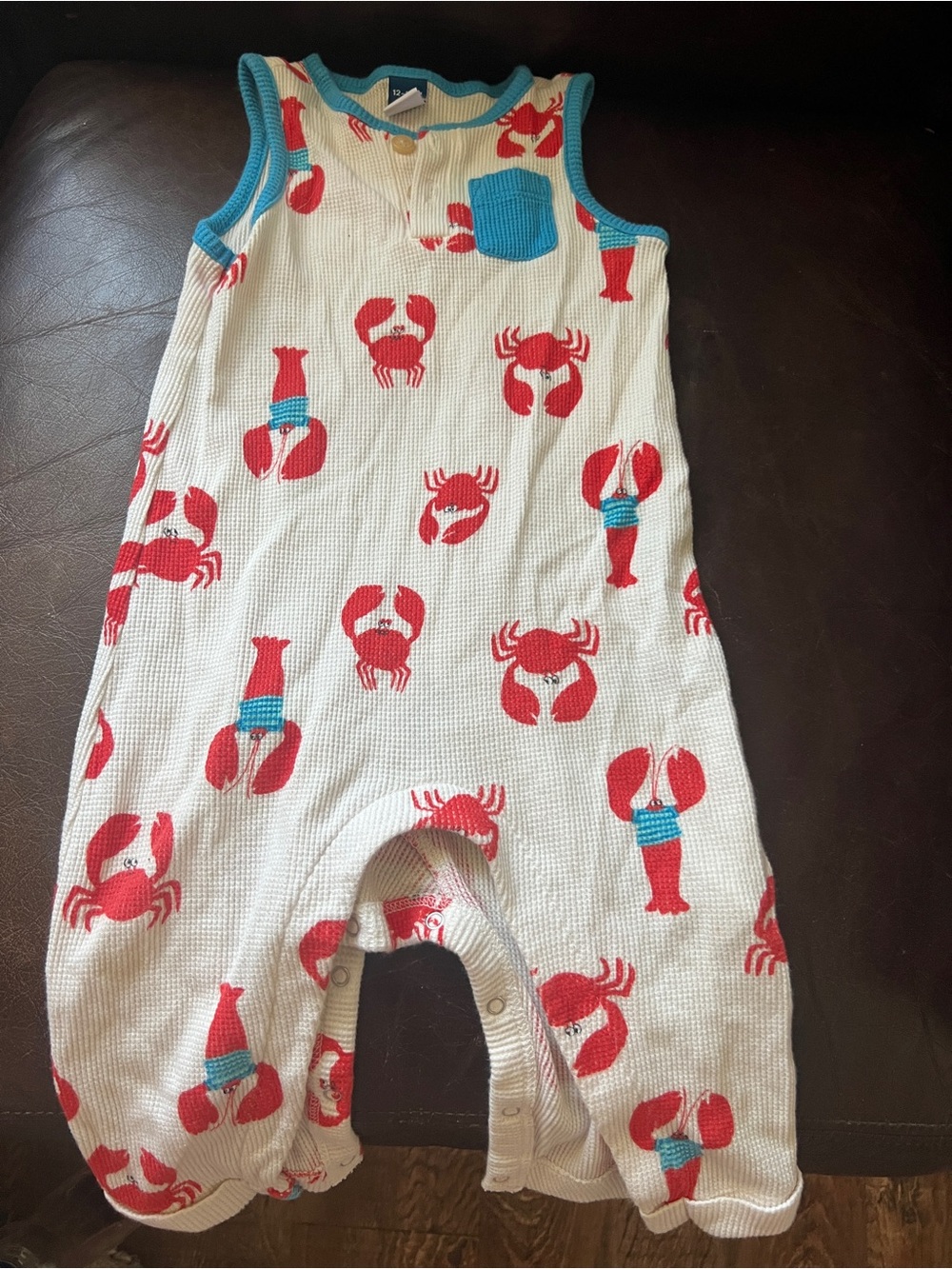 Carter's Sleeveless Waffle Romper with Red Crab Print and Turquoise Trim